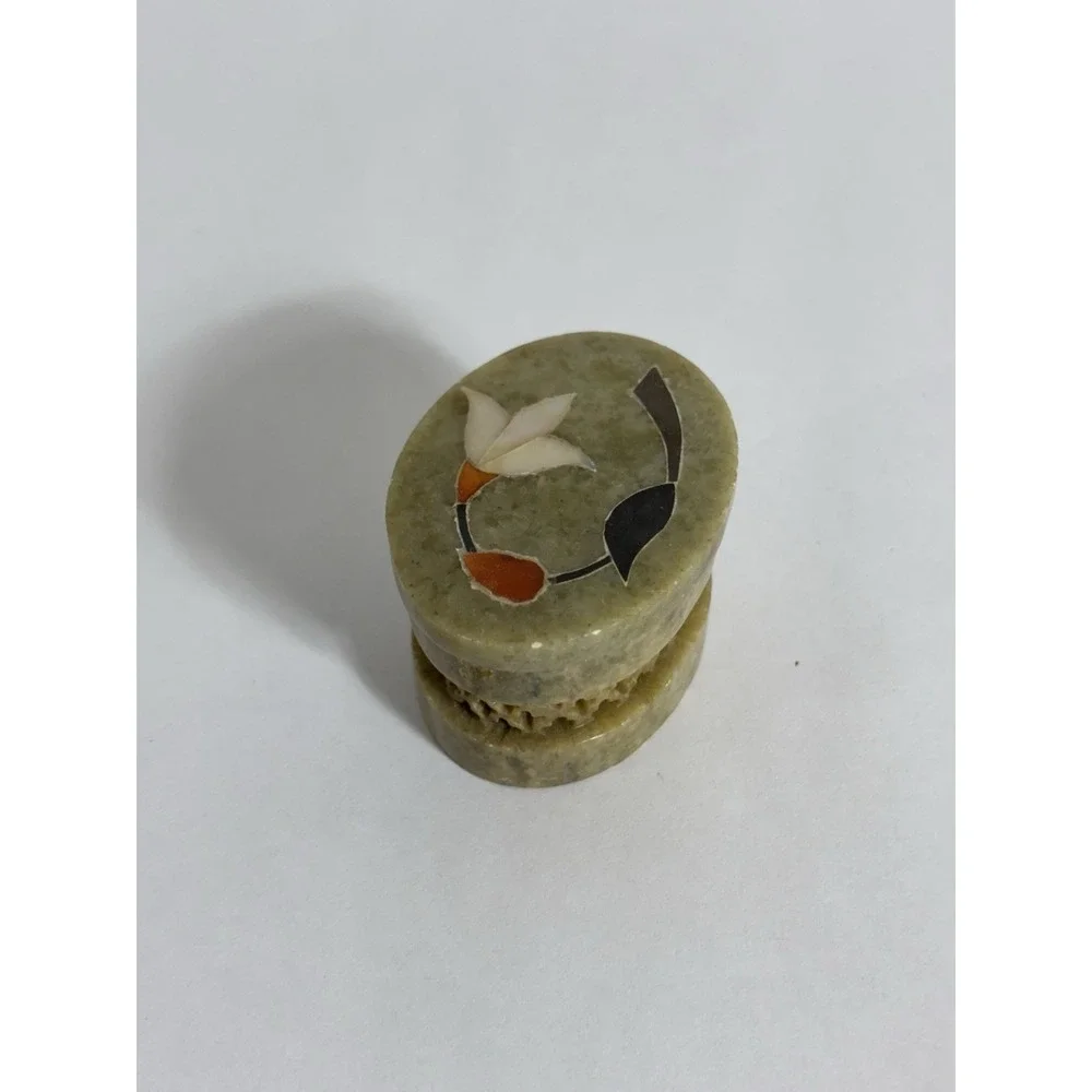 Trinket Box India Floral Mother Of Pearl Inlay Hand Carved Soap Stone Vintage